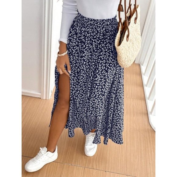 Boho floral print maxi skirt thigh slit navy blue - Picture 1 of 6
